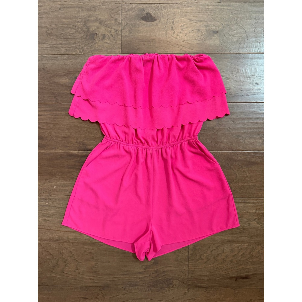 Alythea Hot Pink Strapless Scalloped Ruffle Romper Fuchsia Mini Jumpsuit Medium